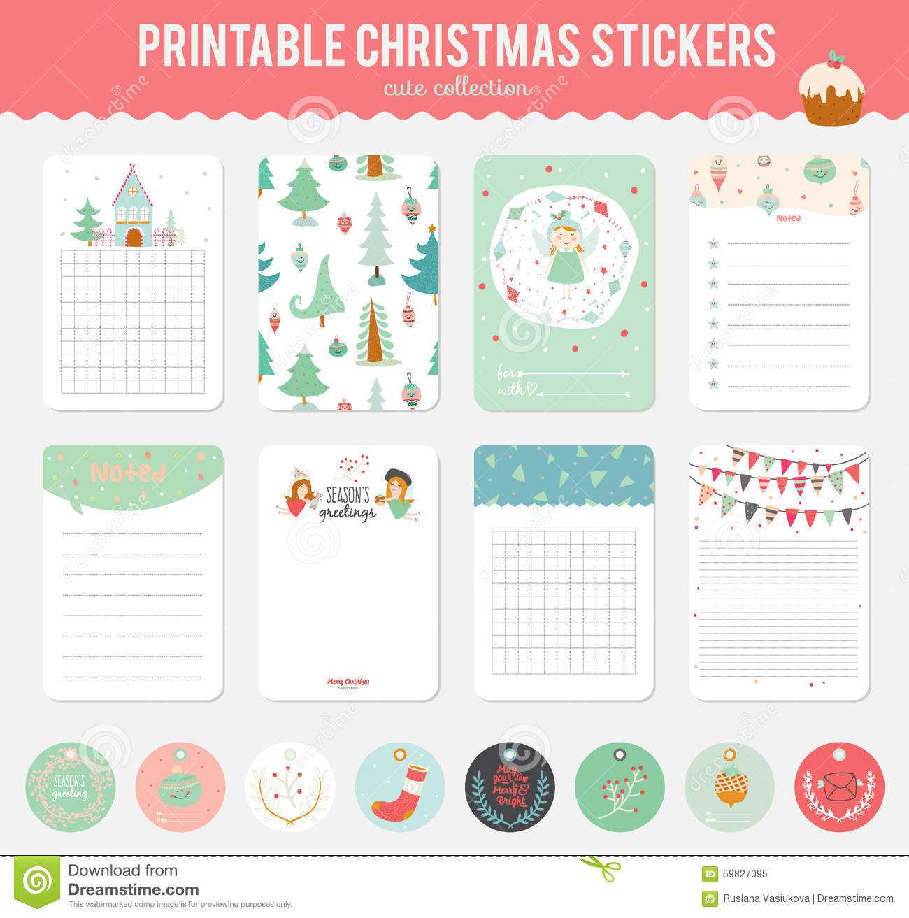 Cute Vector Christmas Cards And Stickers Stock Vector Pertaining To Christmas Note Card Templates