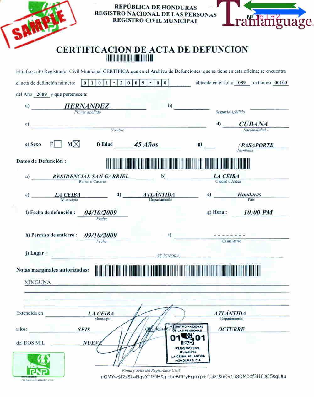 Death Certificate Honduras Inside Birth Certificate Translation Template Uscis