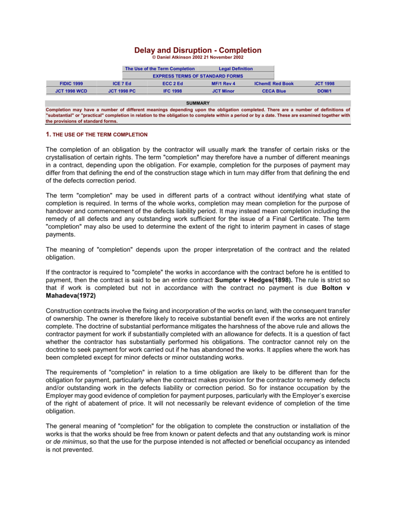 Delay And Disruption – Completion With Practical Completion Certificate Template Jct