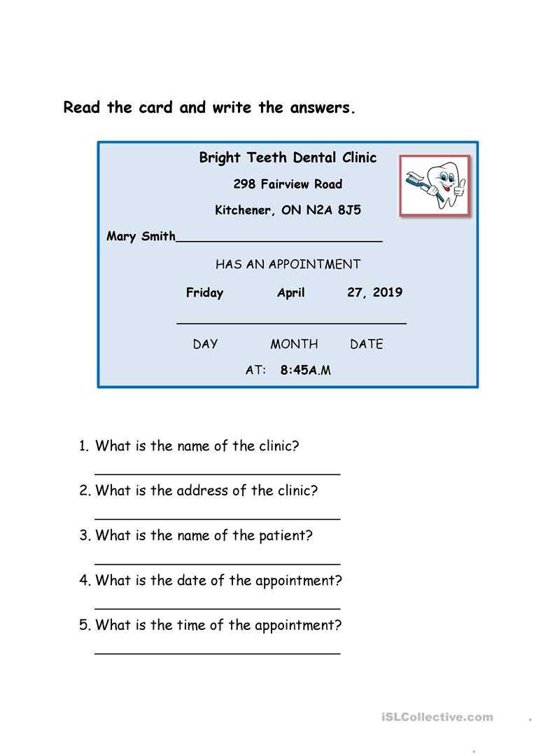 Dentist Appointment Card - English Esl Worksheets With Regard To Dentist Appointment Card Template