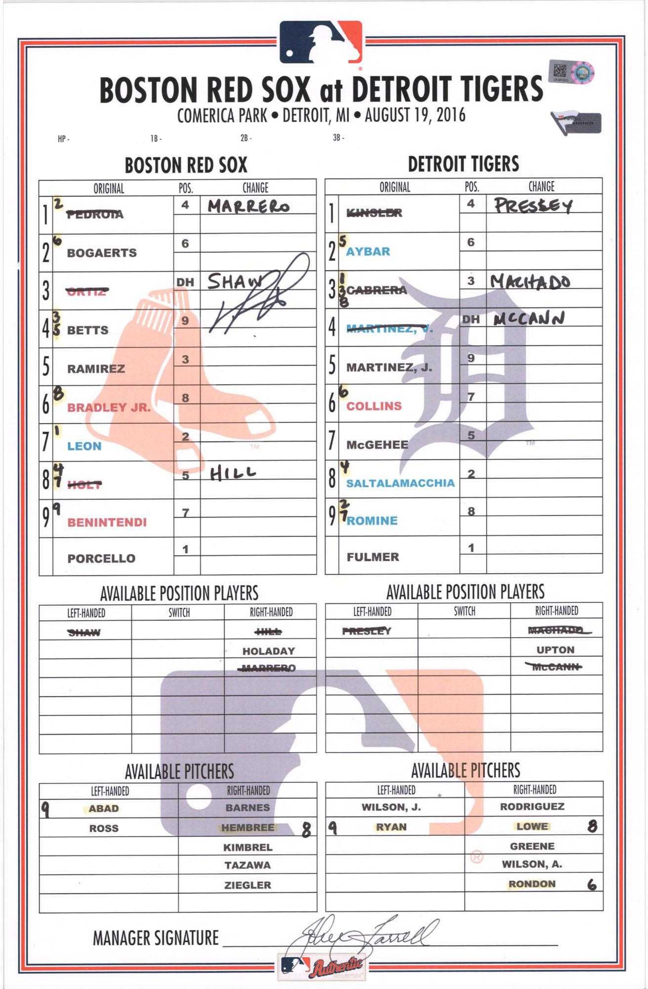 Details About David Ortiz Boston Red Sox Signed Gu Lineup Card Vs Tigers On  8/19/16 – Fanatics Pertaining To Baseball Lineup Card Template