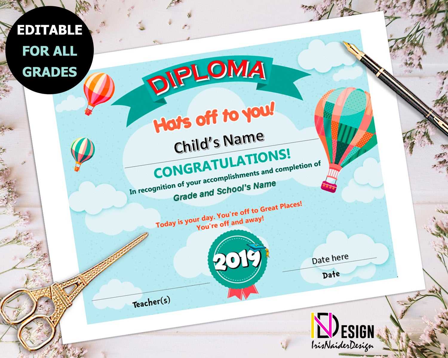 Diploma, Oh The Places You'll Go Inspired Certificate, Kindergarten, Pre K,  1St Grade, Graduation, 2Nd Grade, 3Rd Grade, 4Th Grade,5Th Grade Pertaining To 5Th Grade Graduation Certificate Template