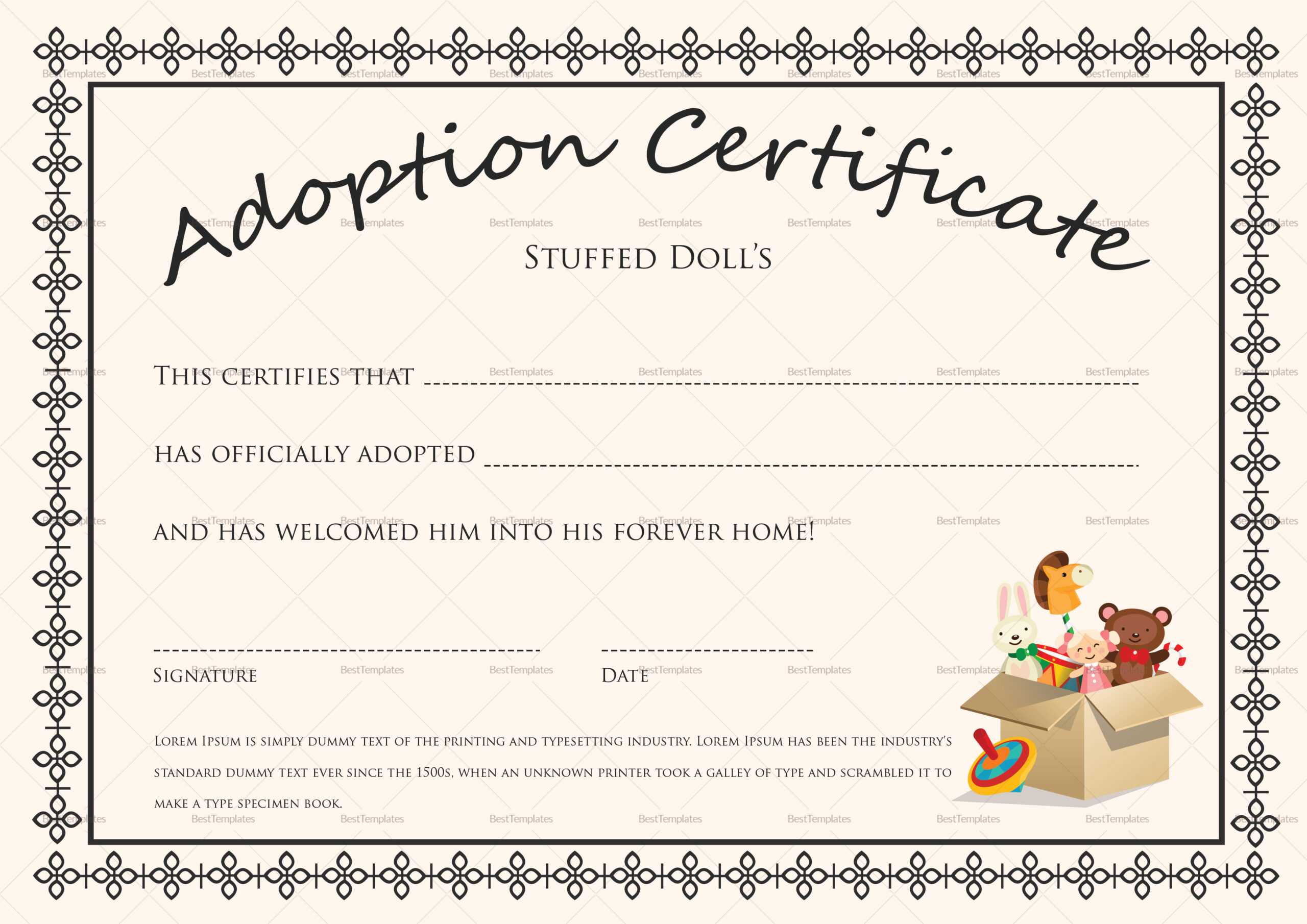Doll Adoption Certificate Template For Adoption Certificate Template