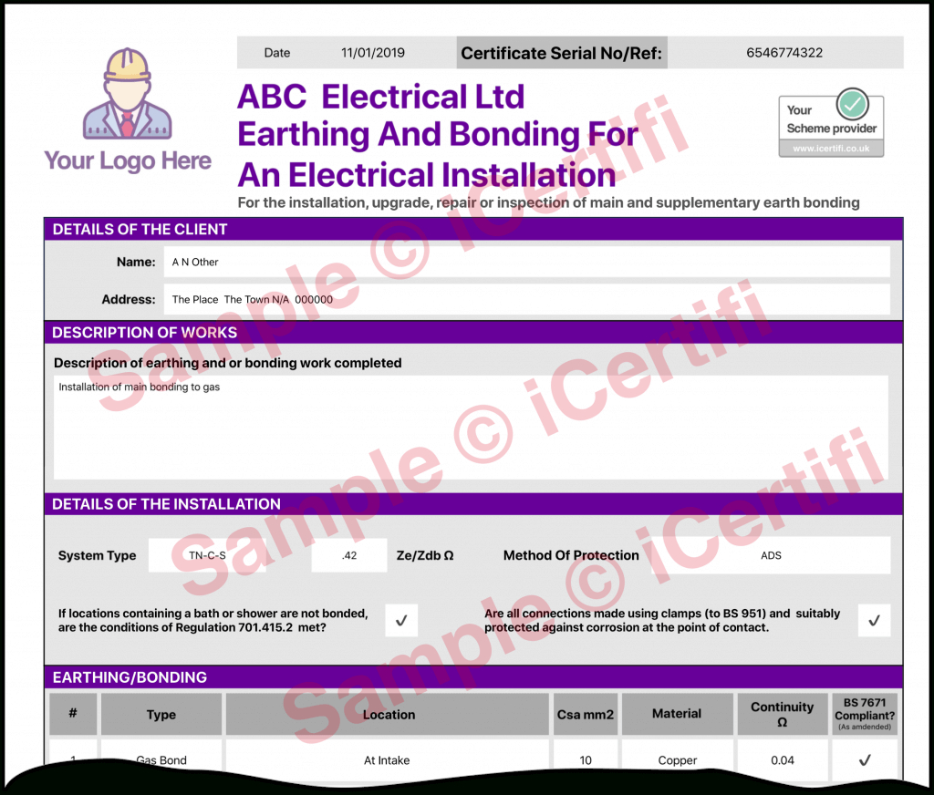 Earthing And Bonding Electrical Certificate From Icertifi In Electrical Isolation Certificate Template