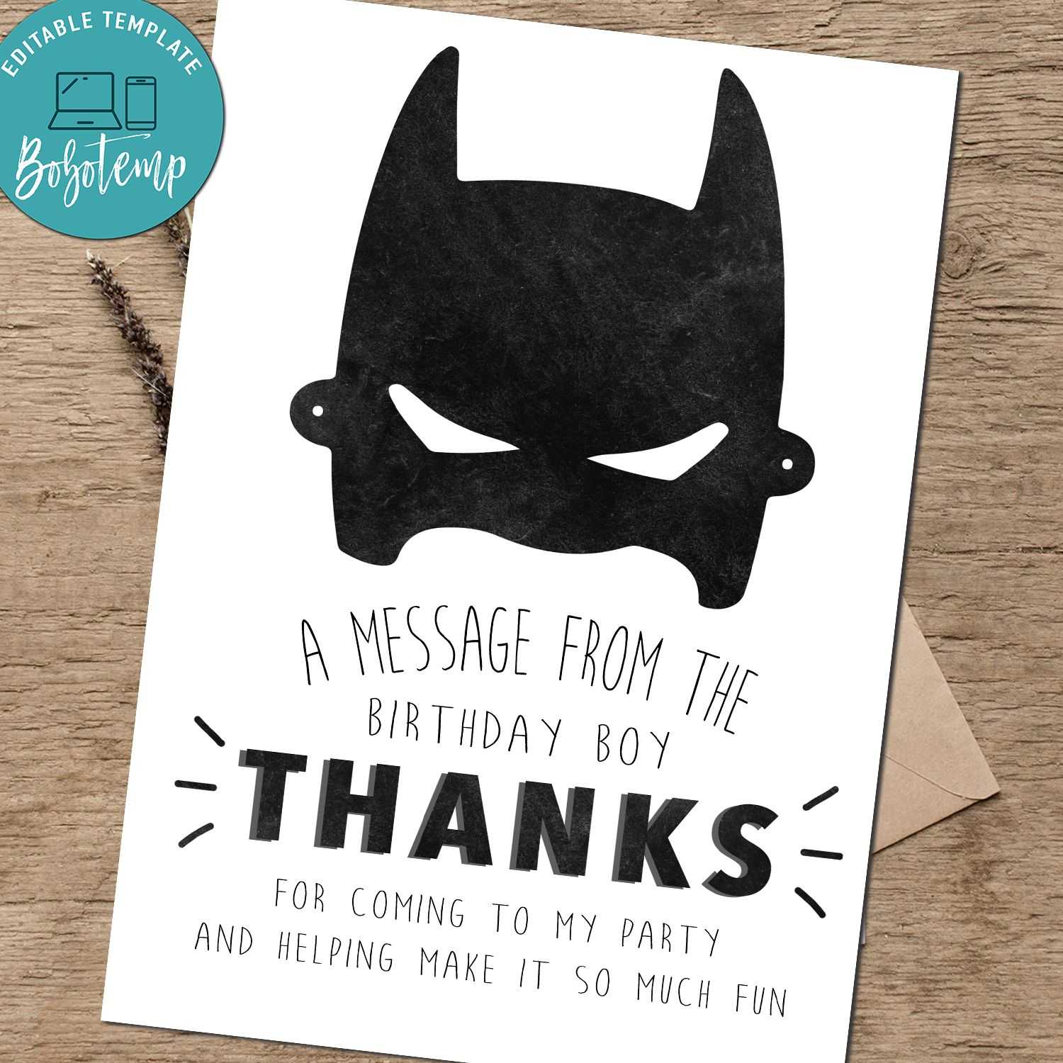 Editable Batman Birthday Thank You Card Instant Download Within Superman Birthday Card Template