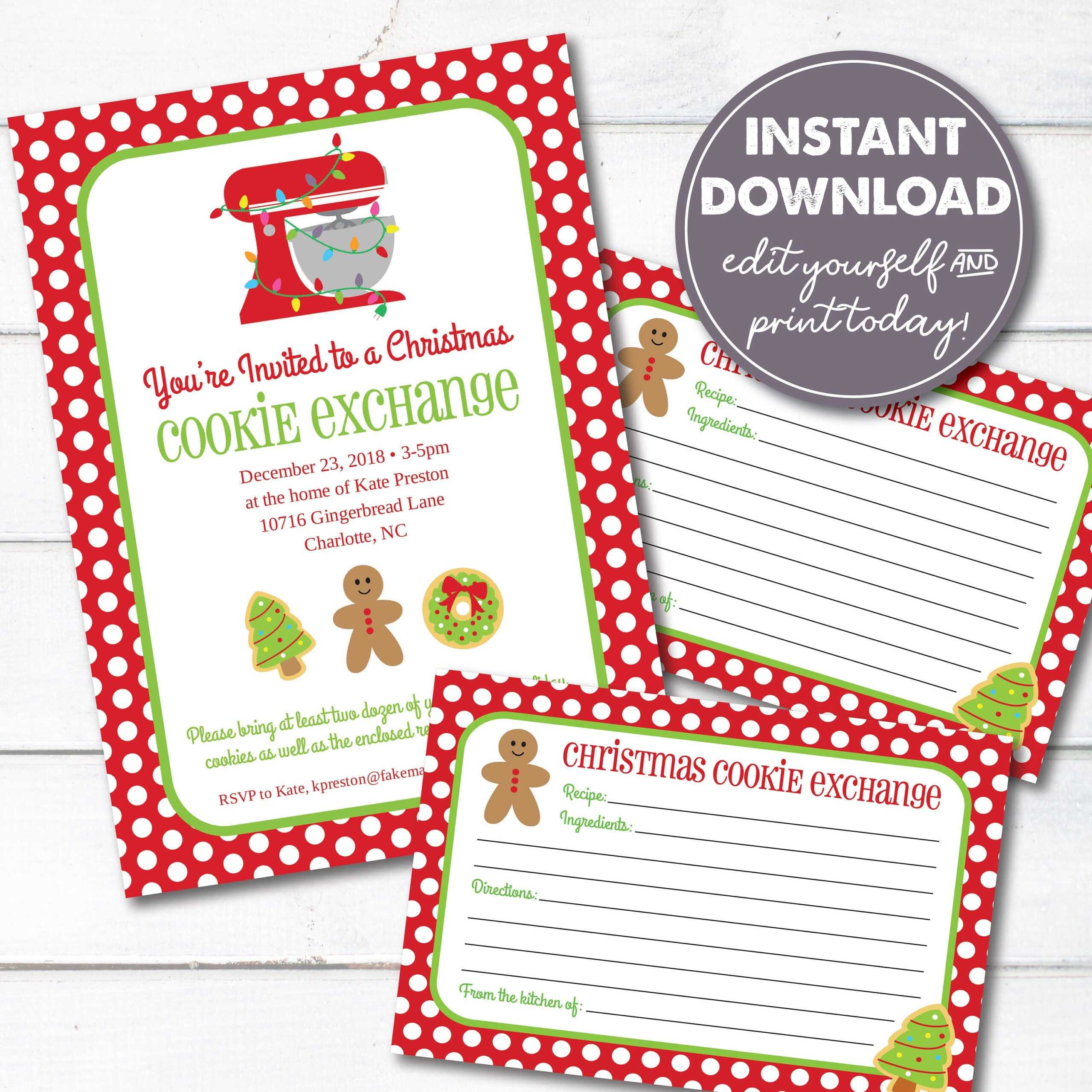Editable Cookie Exchange Christmas Party Invitation And Recipe Cards,  Instant Download, Holiday Cookie Party Invitation For Cookie Exchange Recipe Card Template