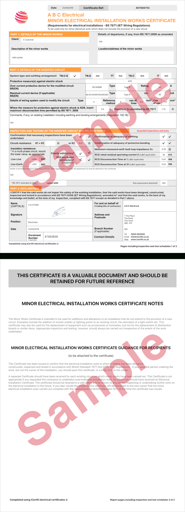 Electrical Certificate – Example Minor Works Certificate Inside Electrical Minor Works Certificate Template