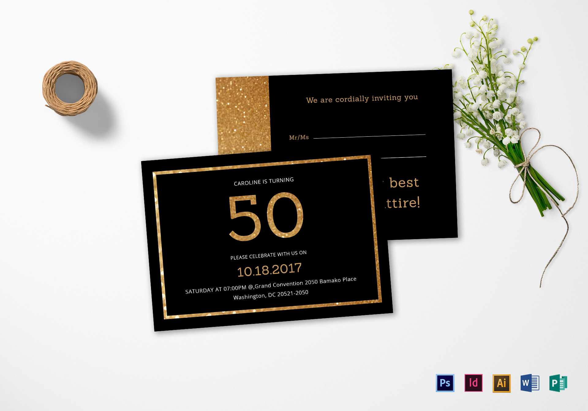 Elegant Black And Gold 50Th Birthday Invitation Template Regarding Indesign Birthday Card Template