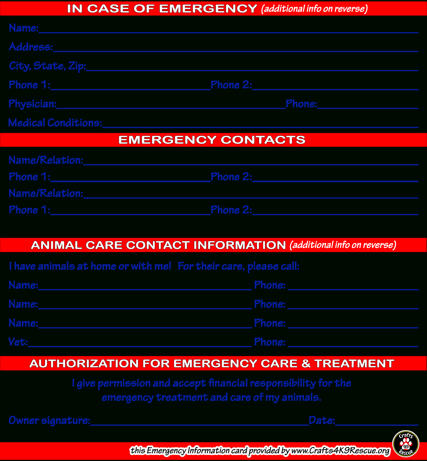 Emergency Information Card Template | Crafts4K9Rescue Pertaining To In Case Of Emergency Card Template