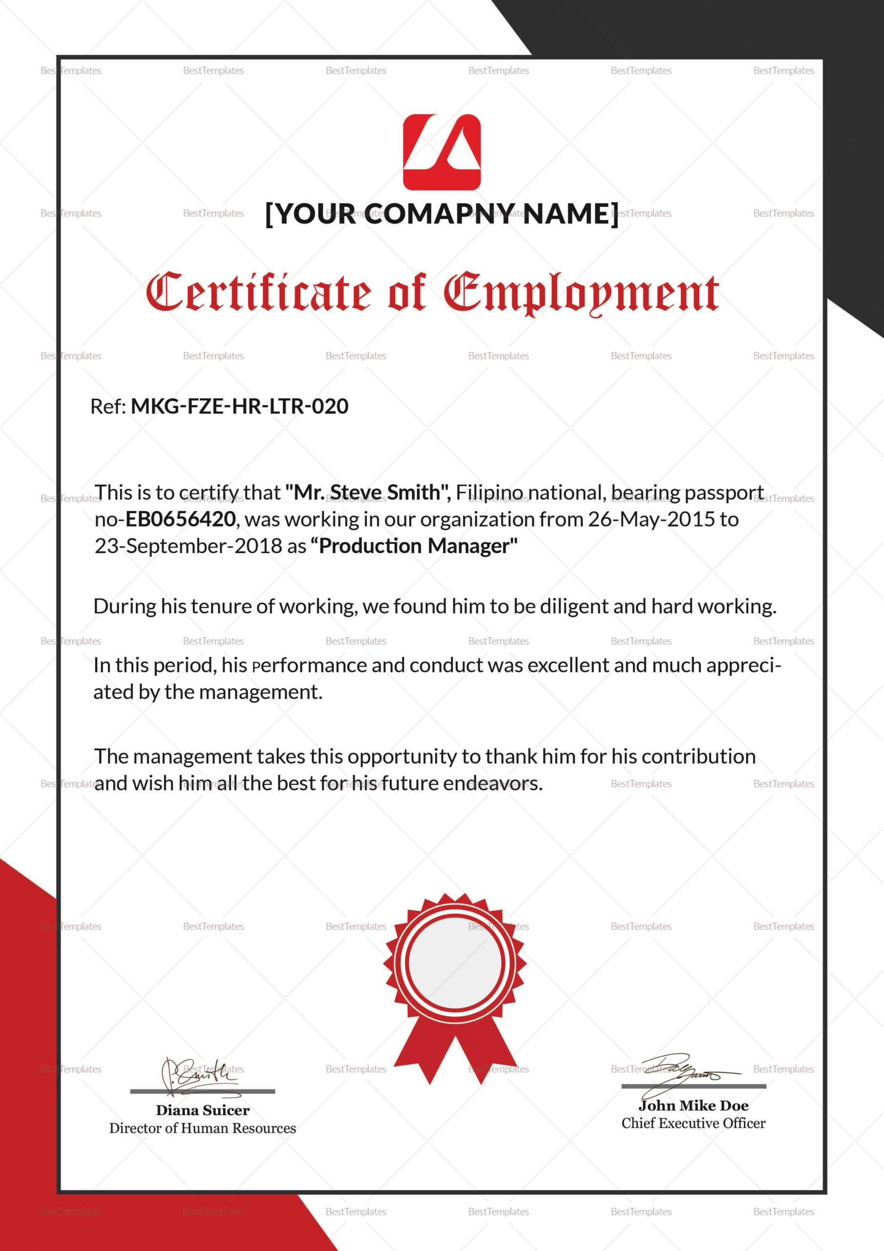 Employment Appreciation Certificate Template For Template Of Certificate Of Employment