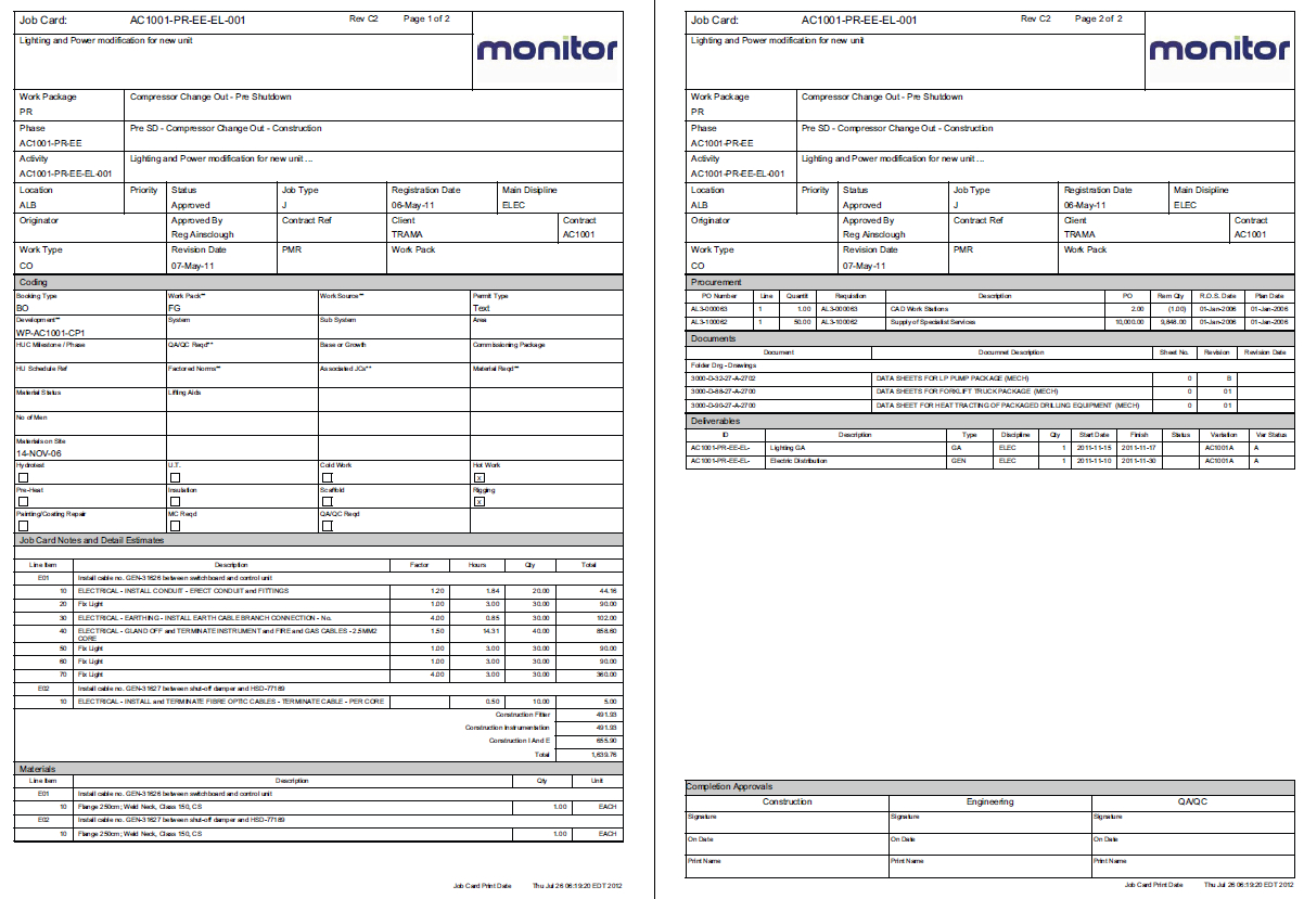 Engineering Job Cards / Work Packs With Mpower From Monitor Regarding Mechanic Job Card Template