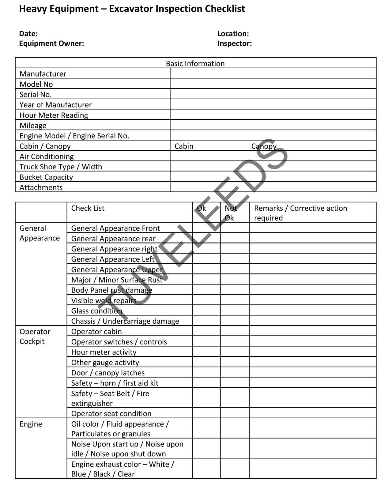Excavator Inspection Checklist – Tove Leeds Throughout Certificate Of Inspection Template
