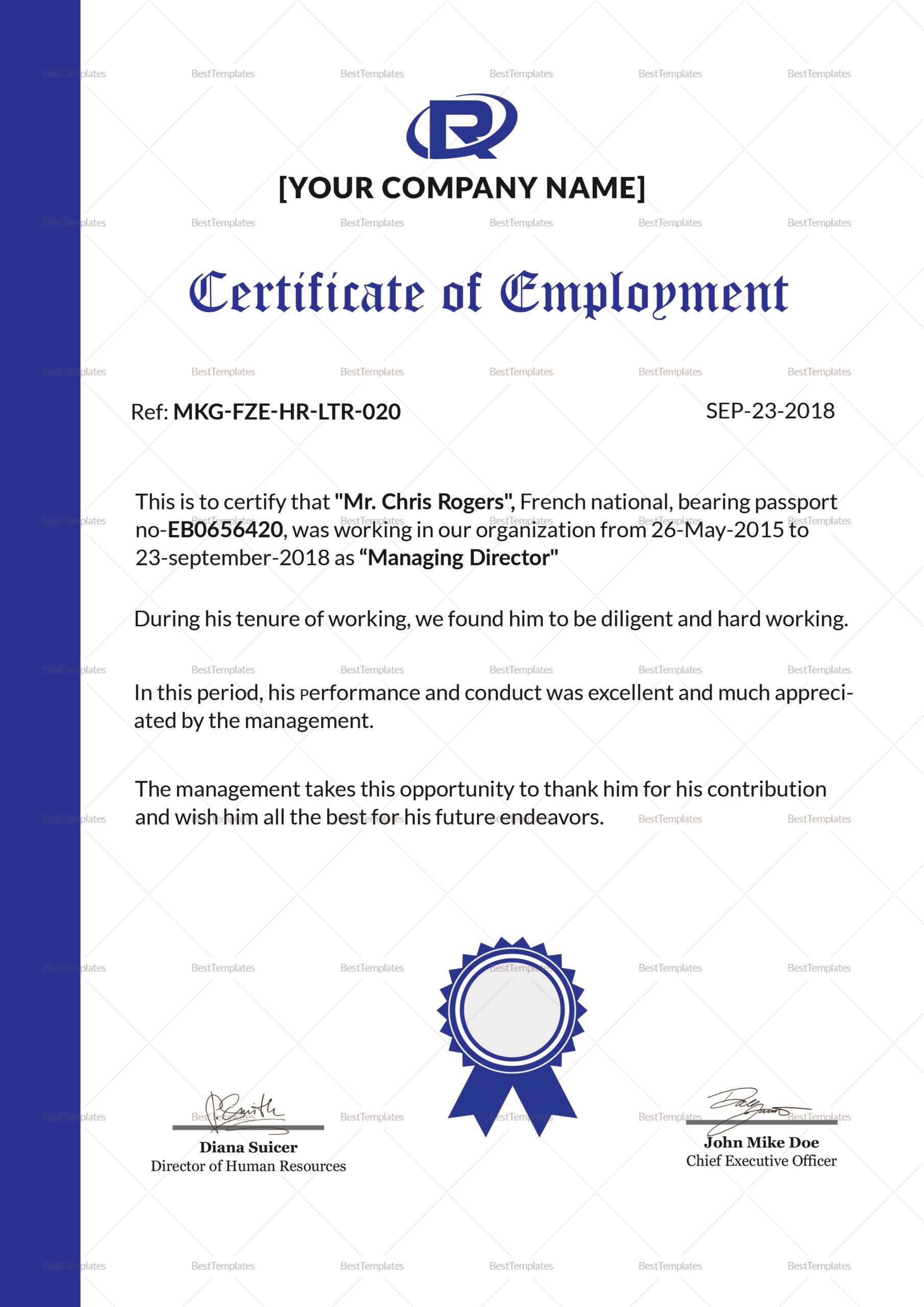 Excellent Employment Certificate Template In Sample Certificate Employment Template