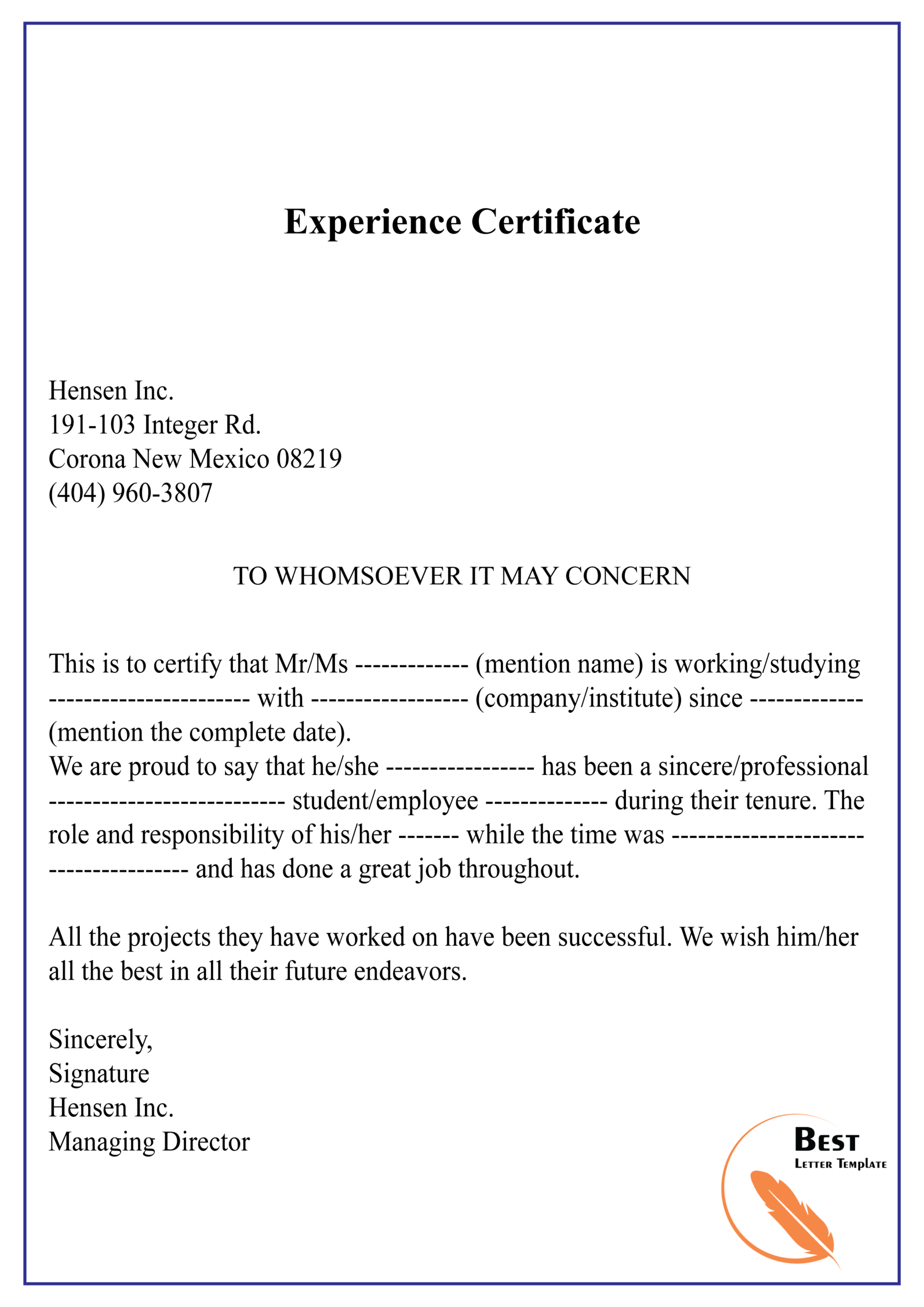 Experience Certificate 01 | Best Letter Template Intended For Template Of Experience Certificate
