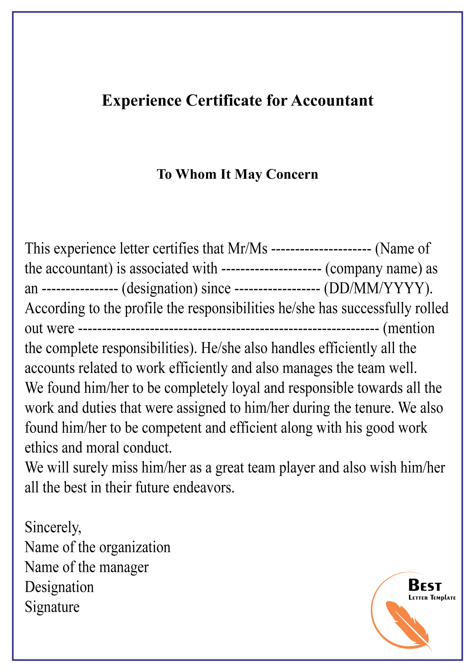 Experience Certificate For Accountant 01 | Best Letter Template For Template Of Experience Certificate