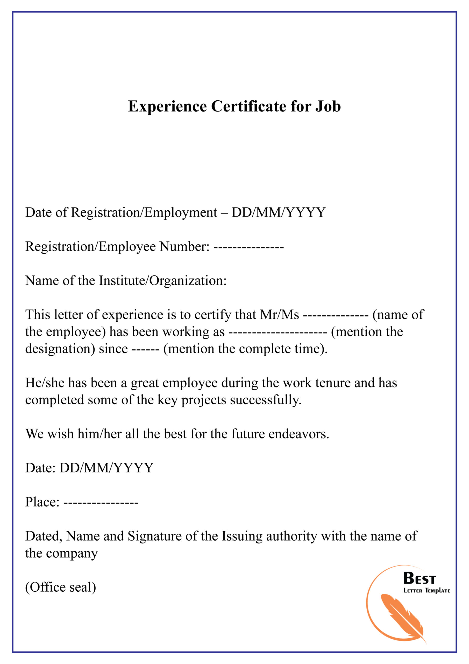 Experience Certificate For Job 01 | Best Letter Template Intended For Certificate Of Employment Template