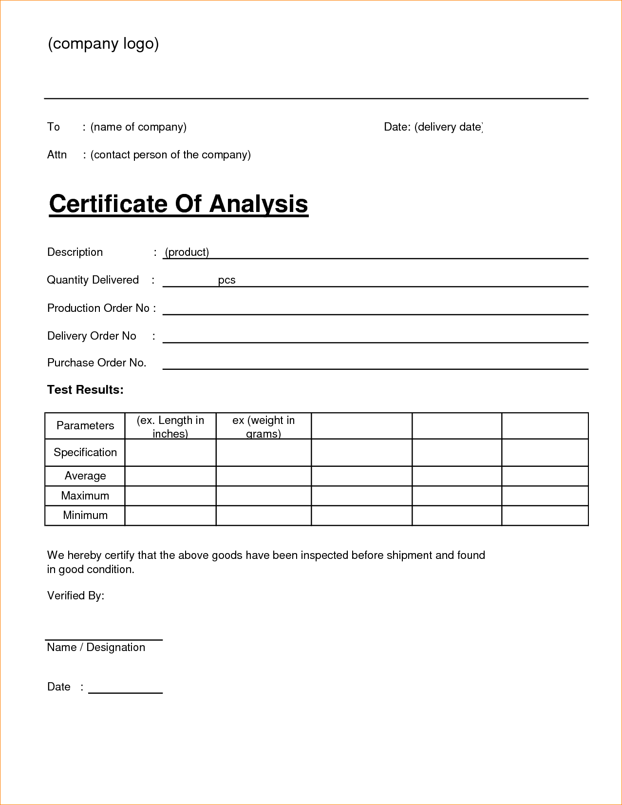 🥰4+ Free Sample Certificate Of Analysis (Coa) Templates🥰 With Regard To Certificate Of Analysis Template