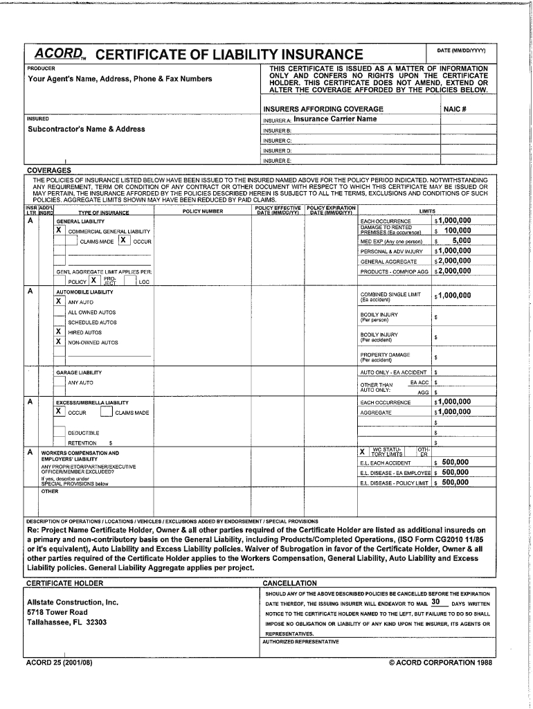 Fillable Online Sample Insurance Certificate Pdf With Regard To
