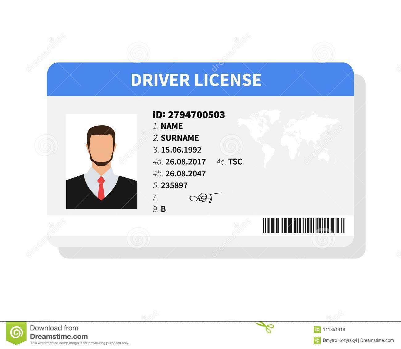 Flat Man Driver License Plastic Card Template For Personal Identification Card Template
