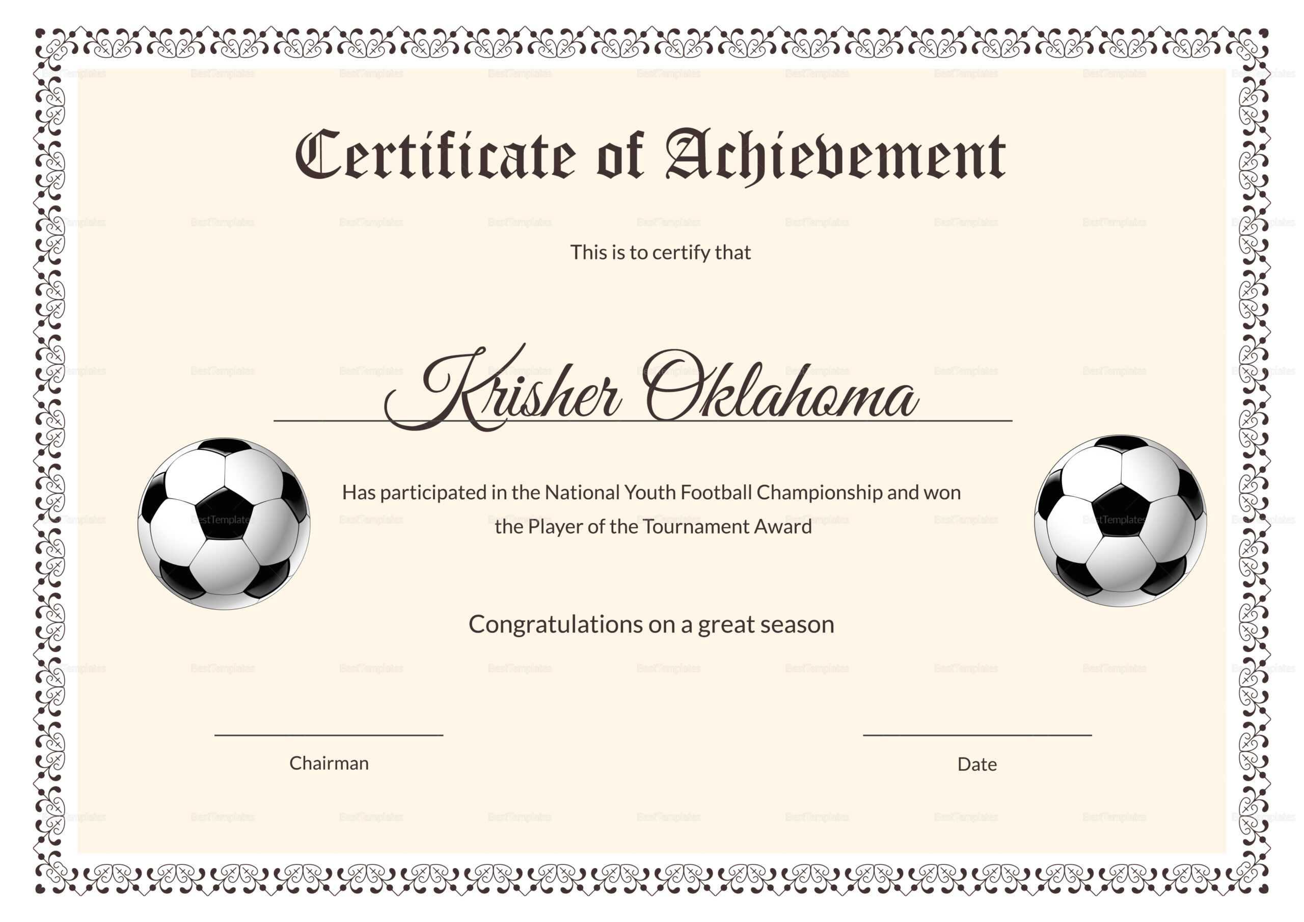 Football Certificate Template – Beyti.refinedtraveler.co Inside Soccer Award Certificate Template
