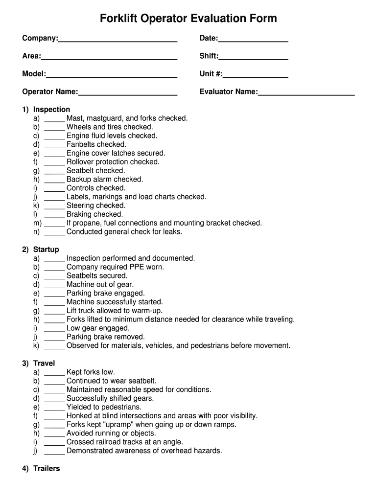 Forklift Operator Evaluation Forms – Fill Online, Printable With Forklift Certification Template