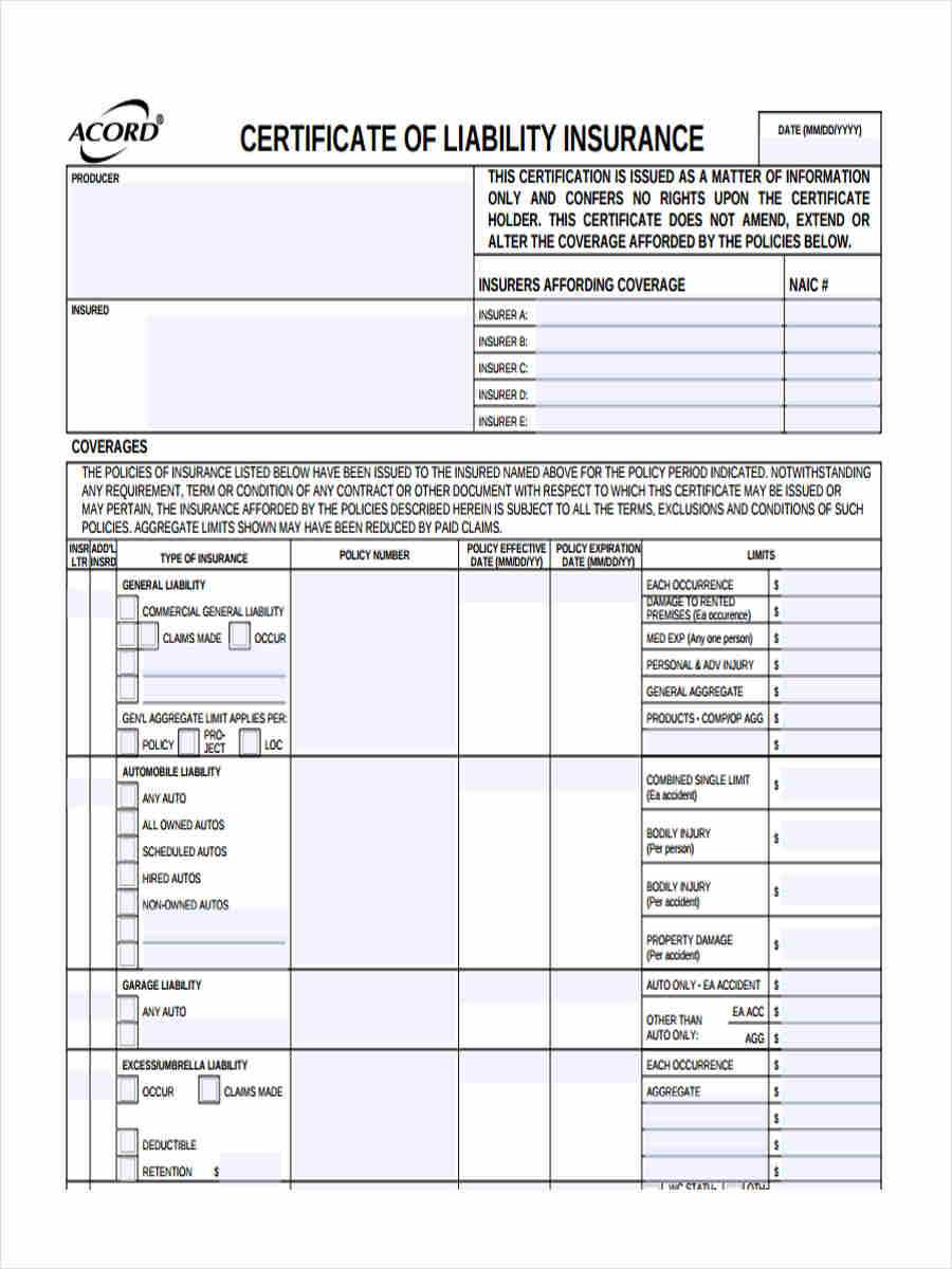 Free 9+ Liability Insurance Forms In Pdf | Ms Word In Certificate Of Liability Insurance Template