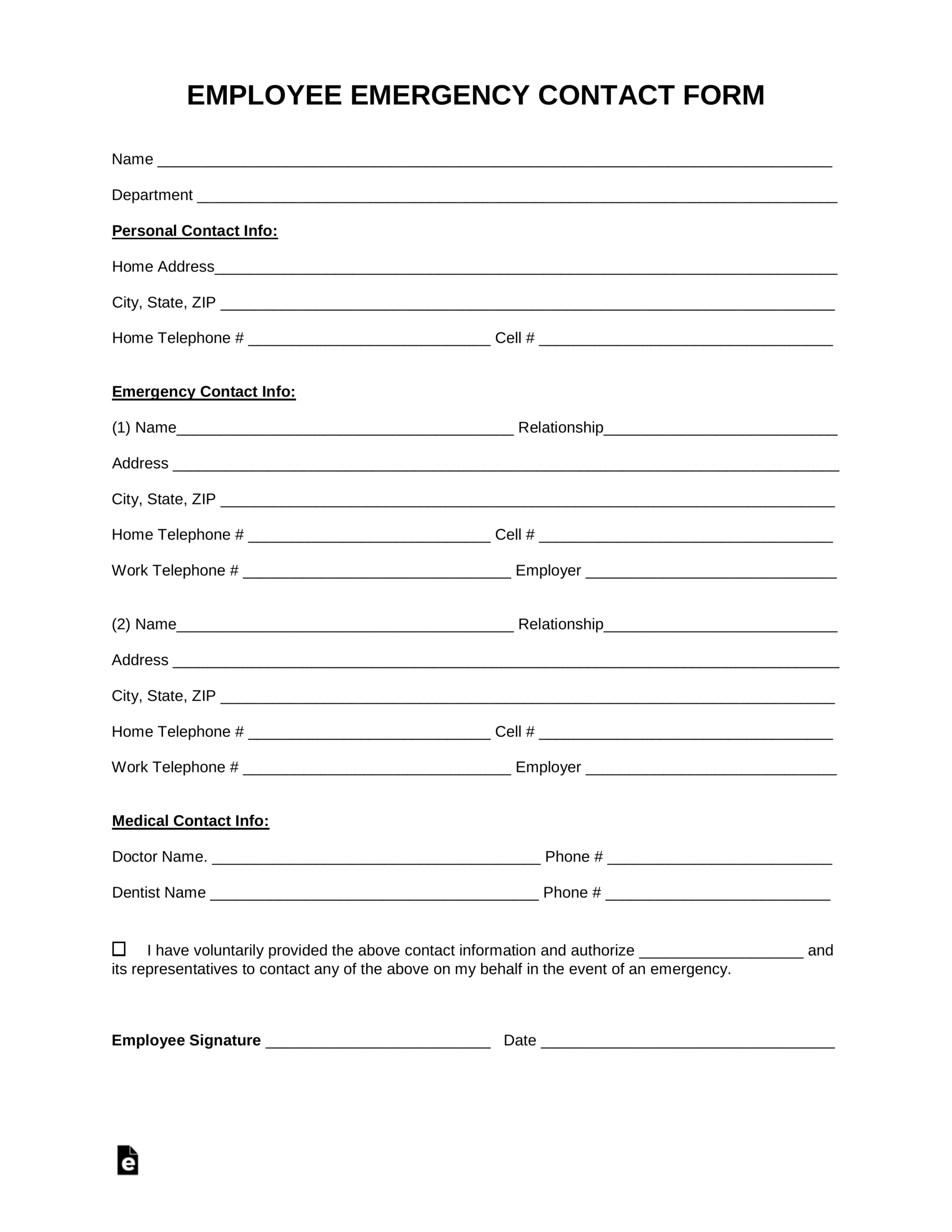 Free Employee Emergency Contact Form – Pdf | Word | Eforms Throughout Emergency Contact Card Template