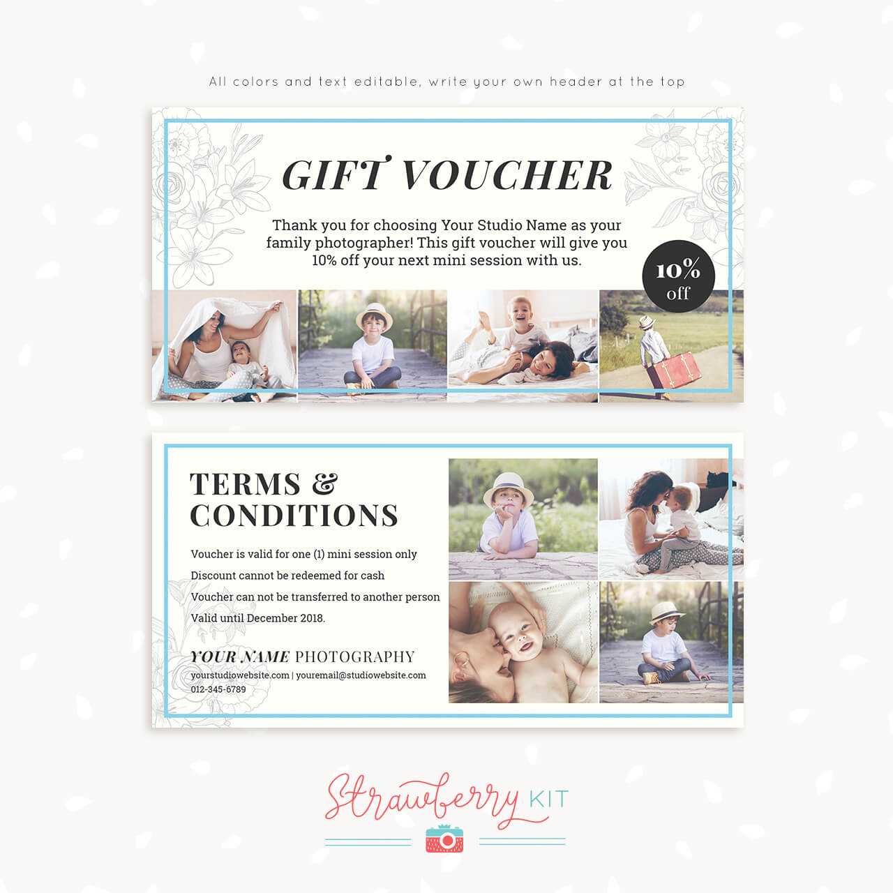 Gift Voucher Template "classic Floral" – Strawberry Kit Regarding Free Photography Gift Certificate Template