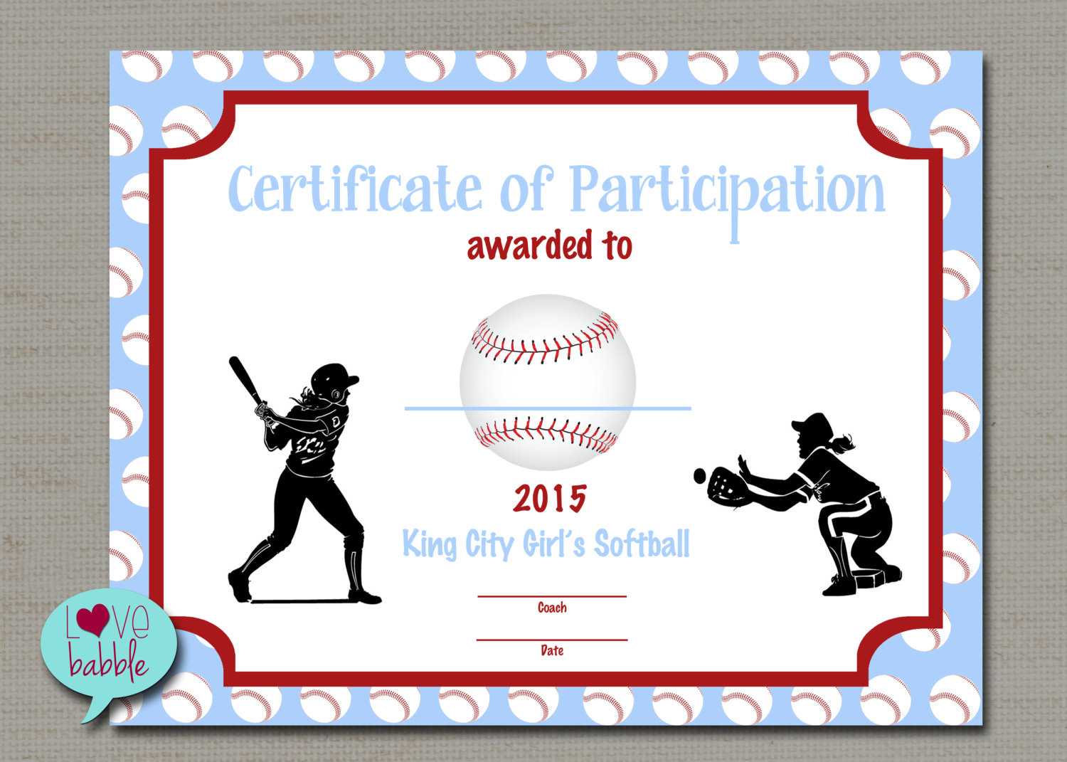 Girls Softball Baseball T Ball Award Certificate Printable Digital File  8.5" X 11" Pertaining To Free Softball Certificate Templates