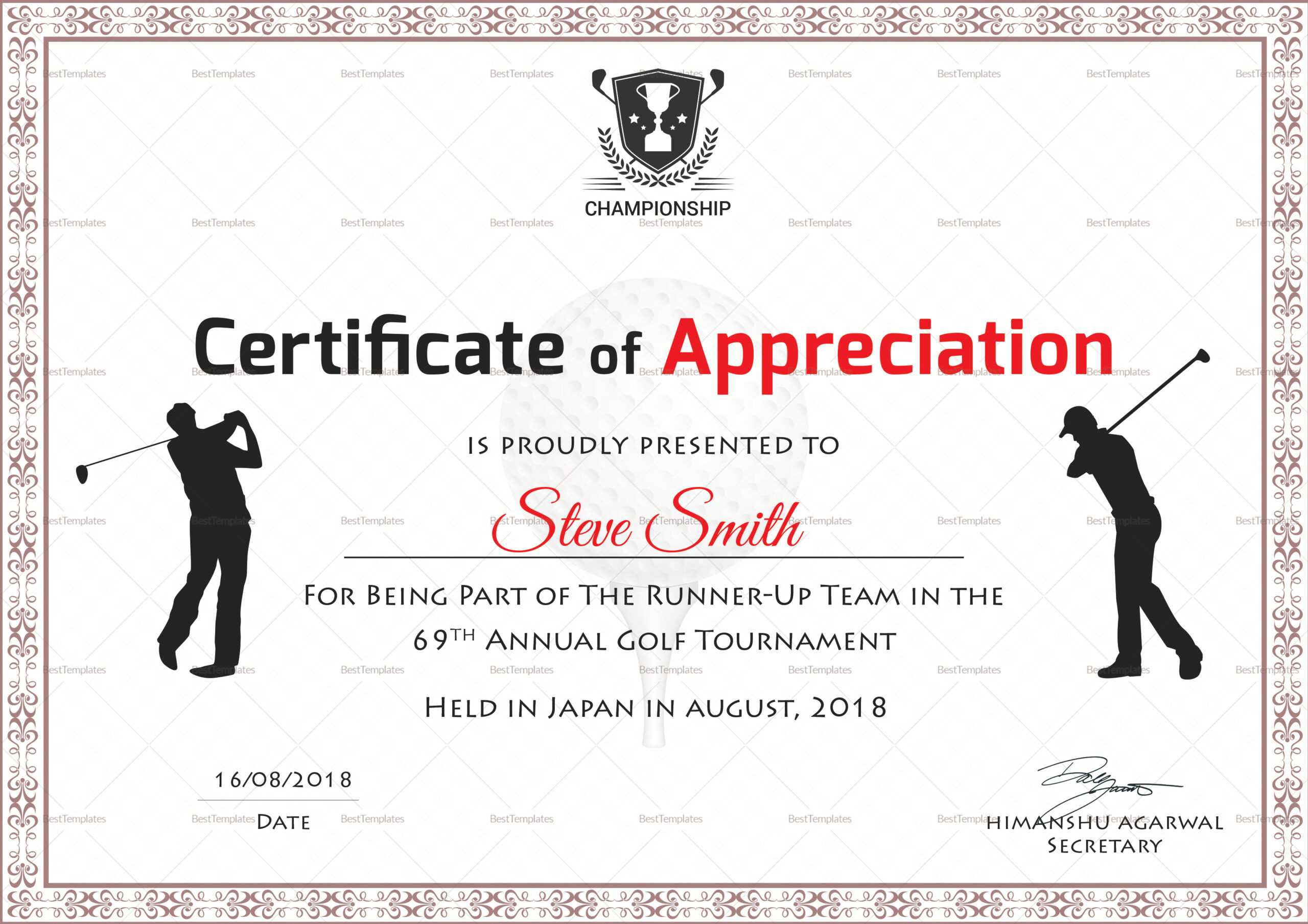 Golf Appreciation Certificate Template Within Golf Certificate Templates For Word