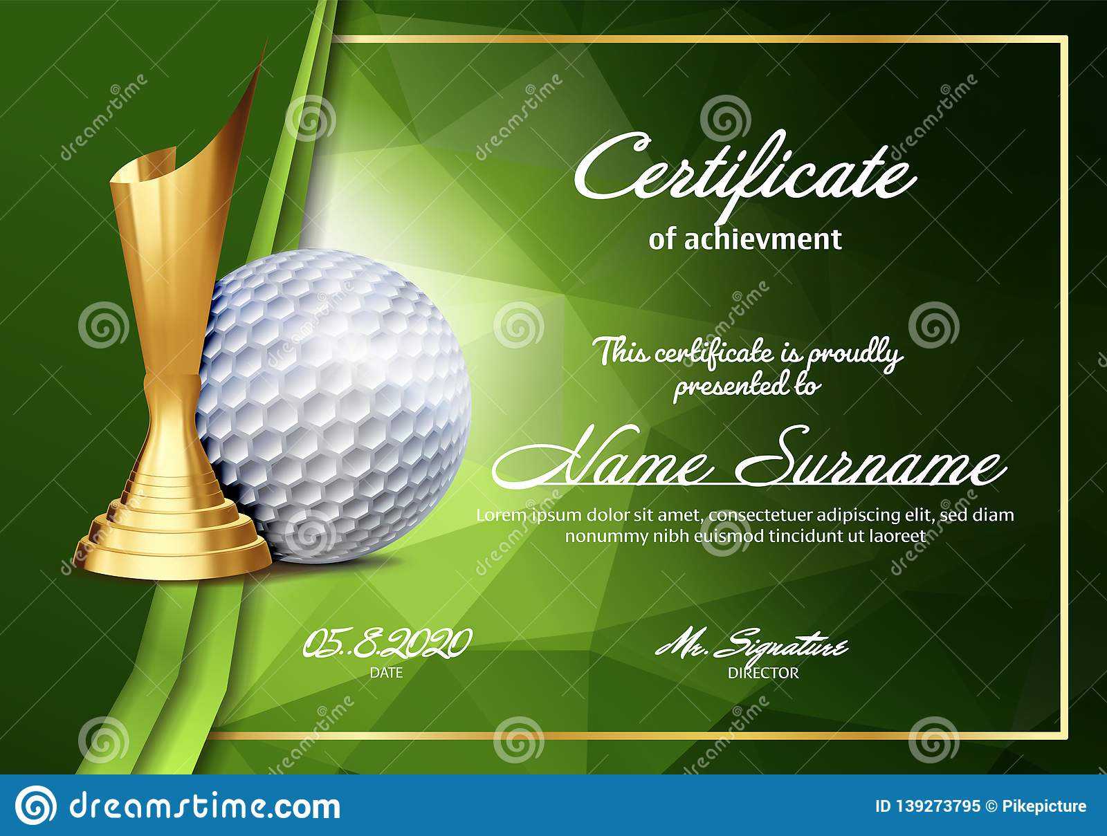 Golf Certificate Diploma With Golden Cup Vector. Sport Within Golf Gift Certificate Template
