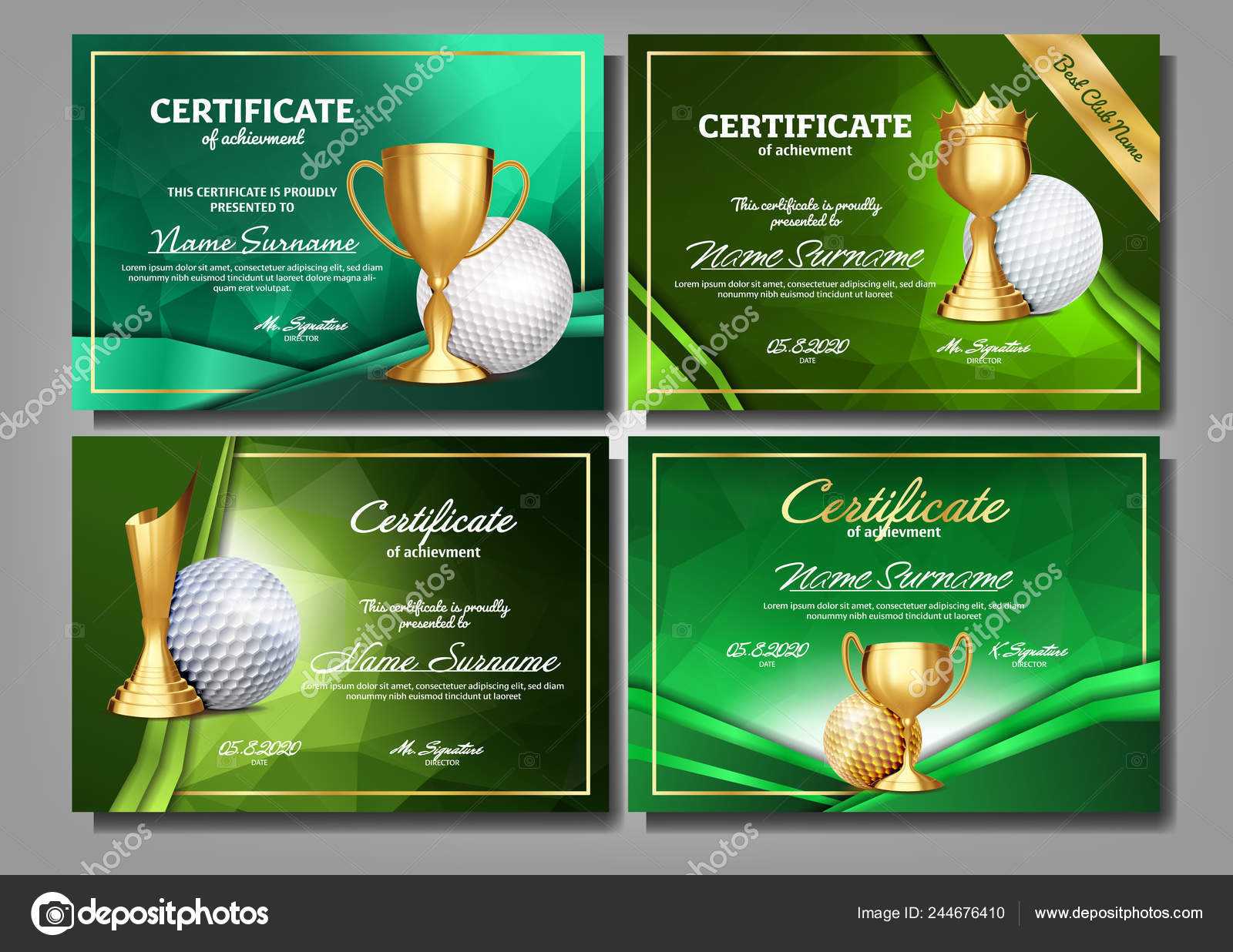 Golf Game Certificate Diploma With Golden Cup Set Vector In Golf Certificate Template Free