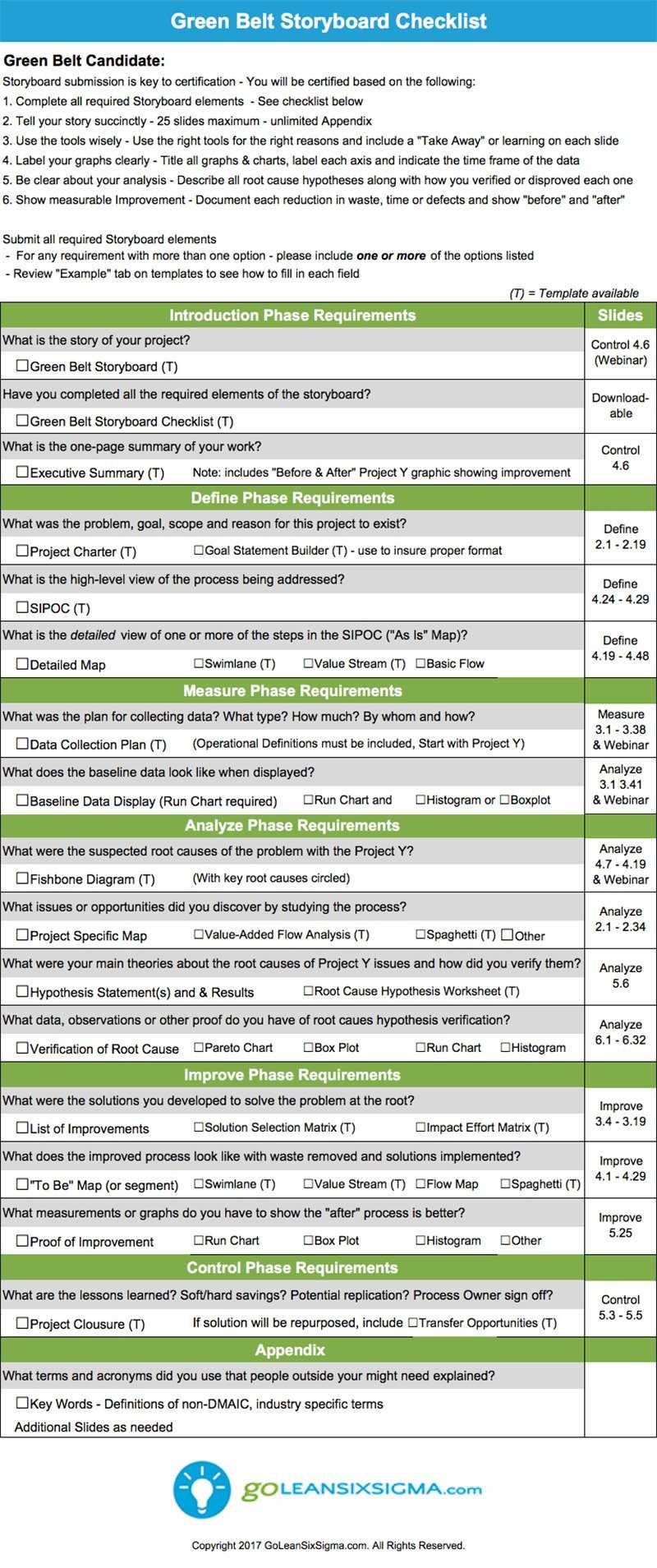 Green Belt Project Storyboard – Template & Example Pertaining To Green Belt Certificate Template