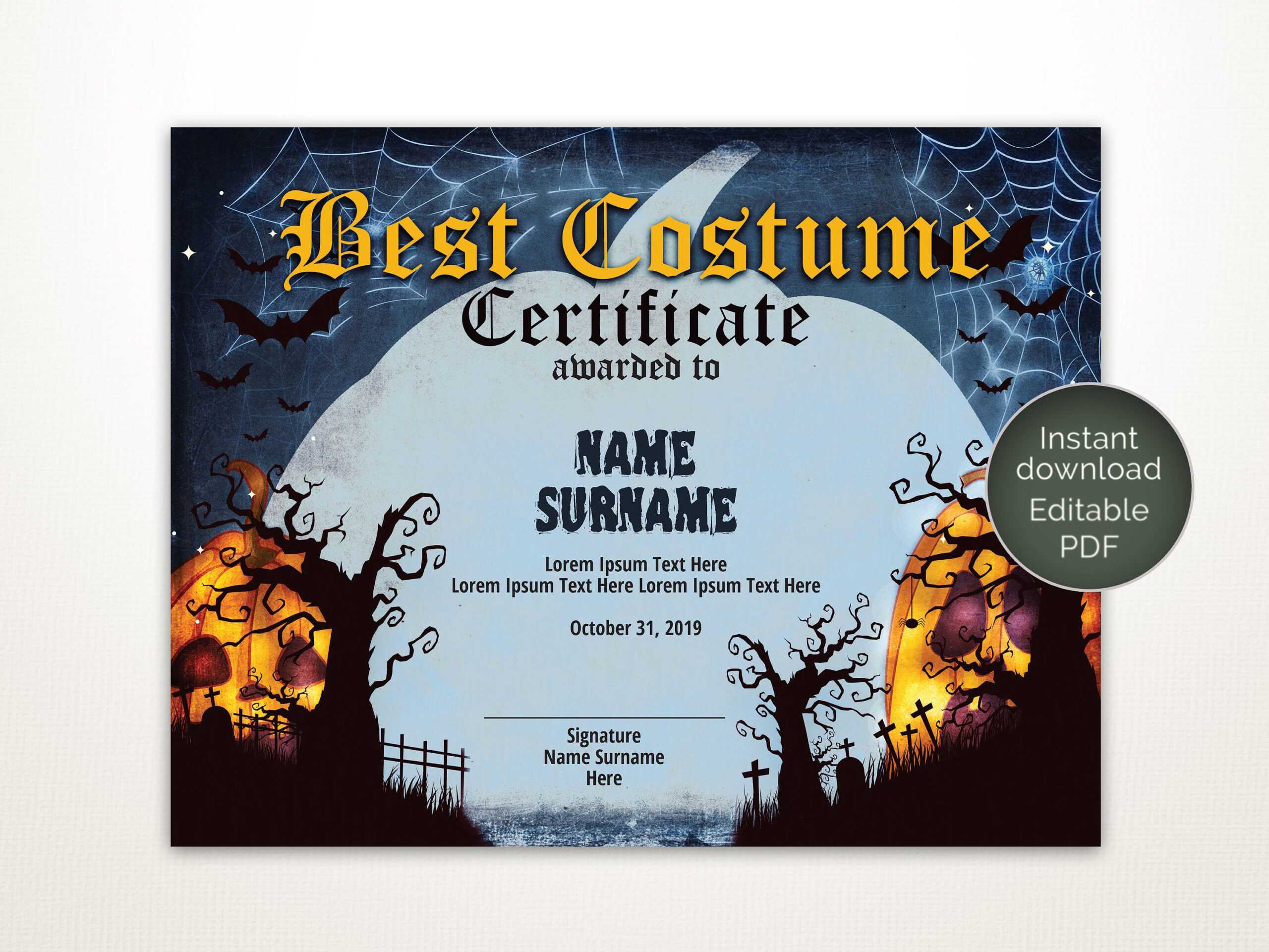 Halloween Best Costume Certificate Editable Template Costume Award  Printable Certificate Template Instant Download Intended For Halloween Costume Certificate Template