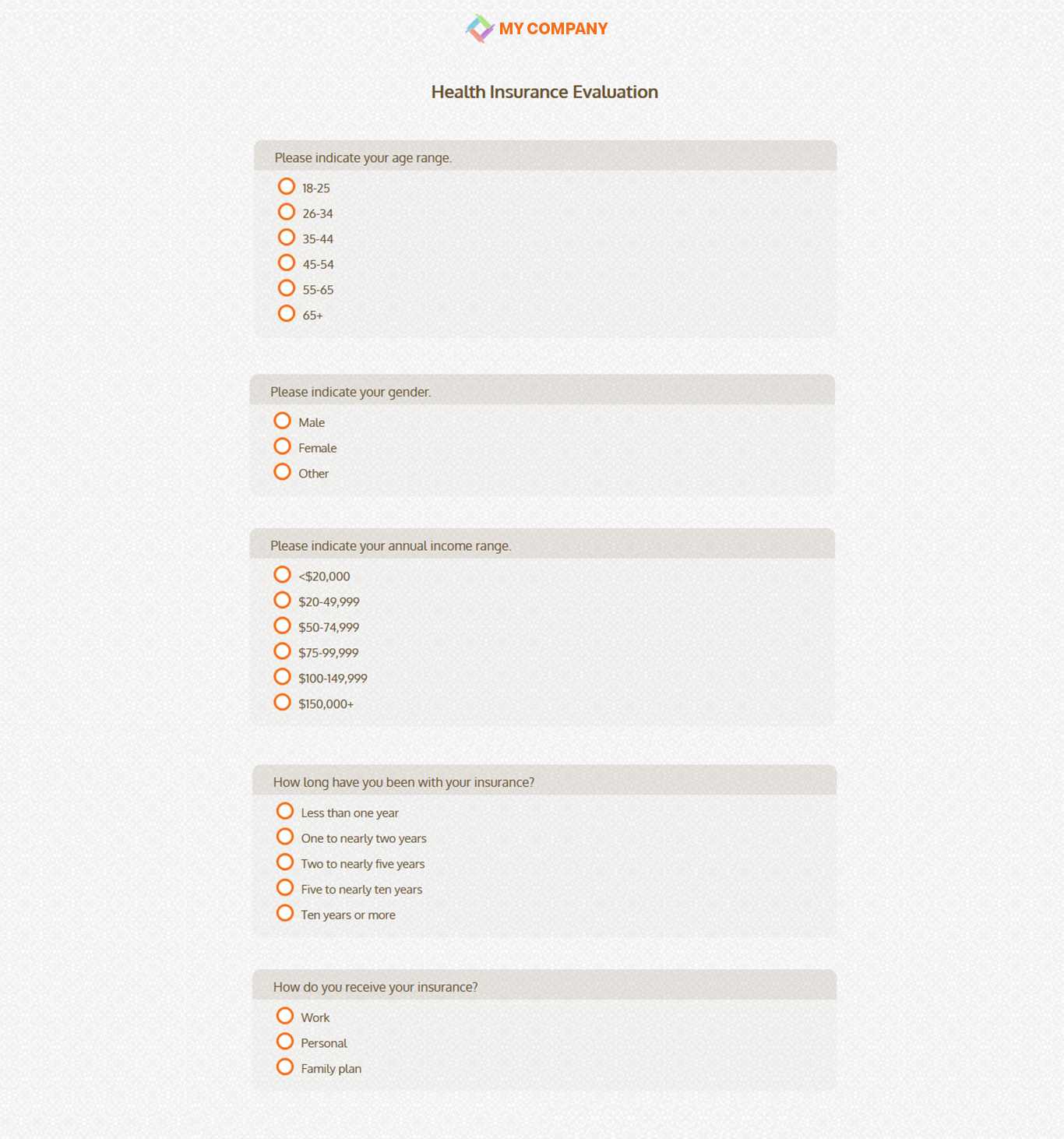 Health Insurance Evaluation Survey Template [20 Questions Within Survey Card Template