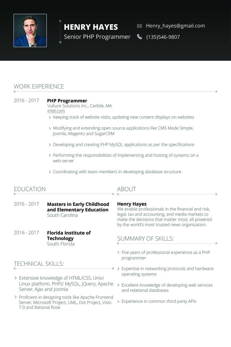 Henry Hayes – Web Developer Resume Template #64898 Intended For Hayes Certificate Templates