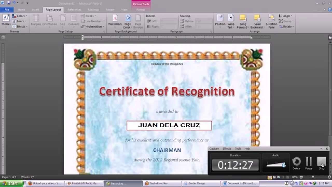 How To Make A Certificate In Microsoft Word – Tutorial Within Word 2013 Certificate Template