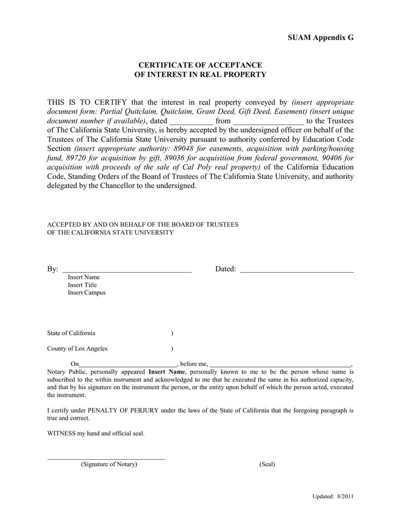 Insert Appropriate Suam Appendix G Certificate Of Acceptance Within Certificate Of Acceptance Template