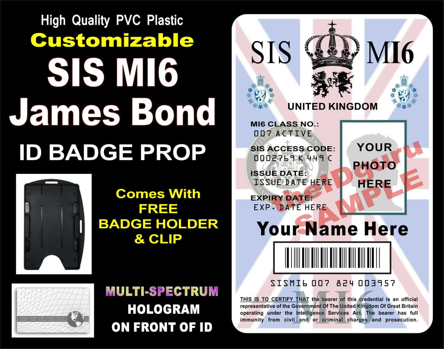 James Bond (Sis Mi6) Id Badge / Card Prop ~ Custom Printed With Your Info &  Photo ~ Pvc Plastic Holographic Card – Usa Made With Regard To Mi6 Id Card Template
