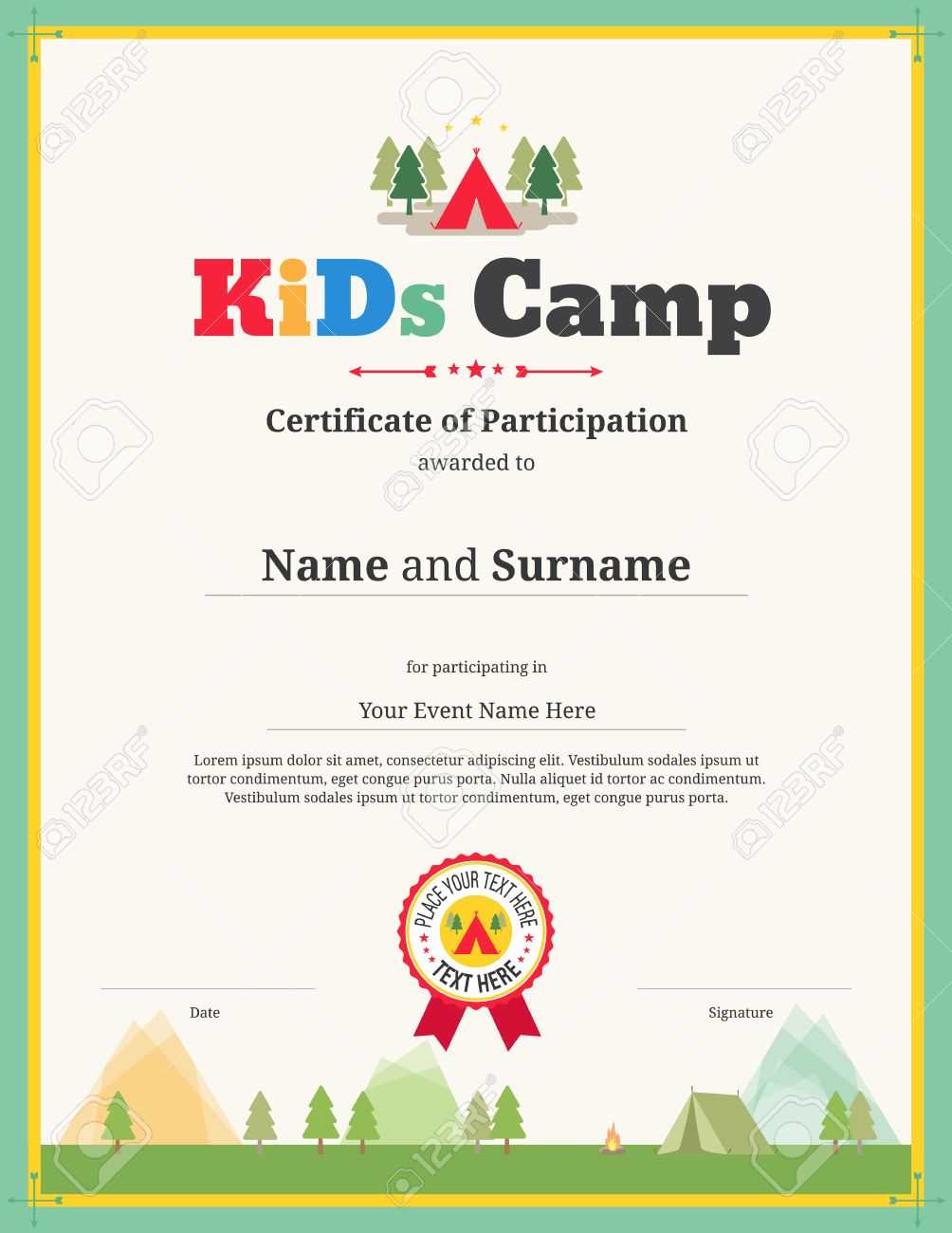 Kids Certificate Template For Camping Participation With Regard To Free Templates For Certificates Of Participation