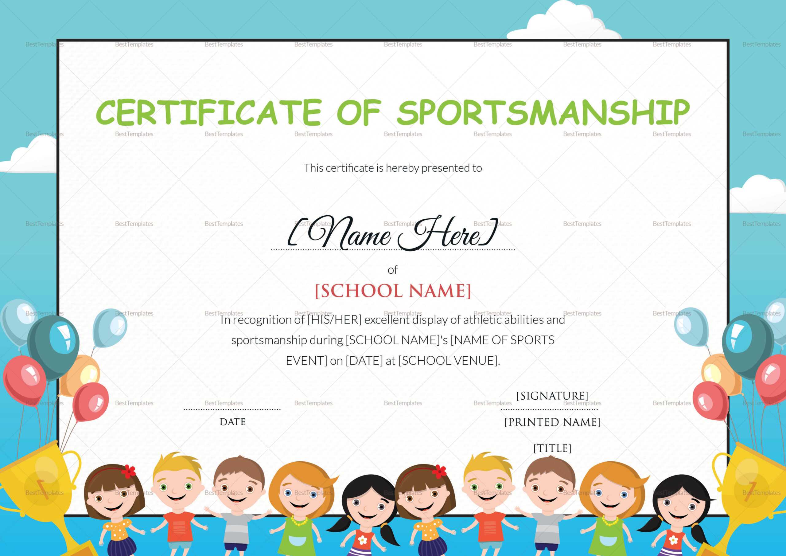 Kids Sportsmanship Certificate Template Intended For Children's Certificate Template