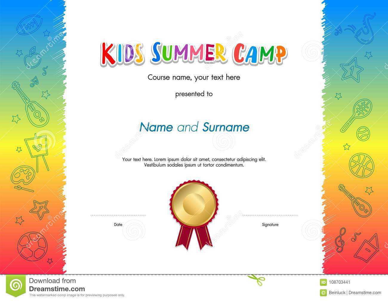Kids Summer Camp Diploma Or Certificate Template Award Seal For Fun Certificate Templates