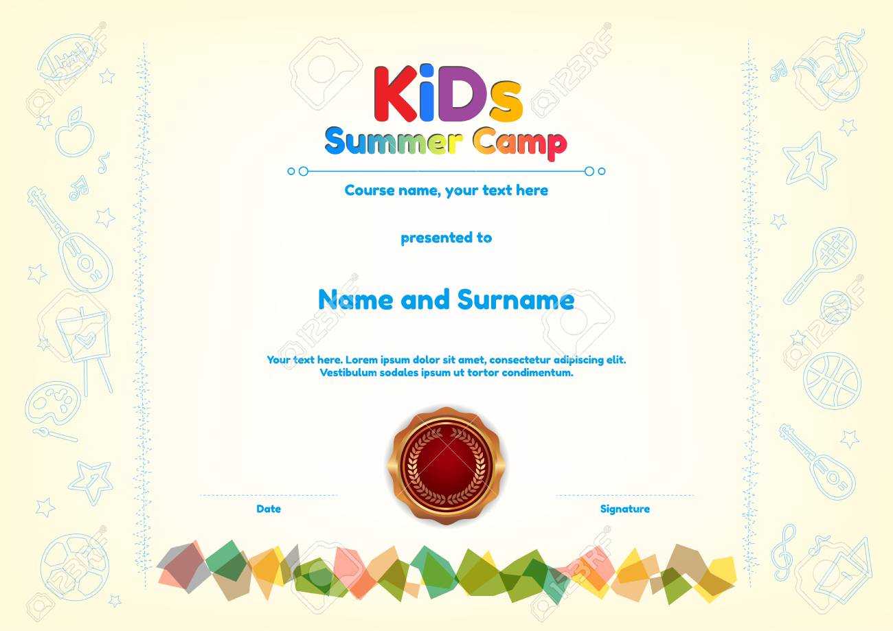Kids Summer Camp Diploma Or Certificate Template Award Seal With.. For Fun Certificate Templates