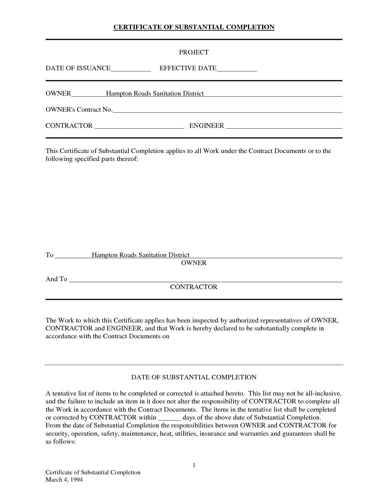 Letter Of Substantial Completion – Free Printable Documents With Regard To Certificate Of Substantial Completion Template