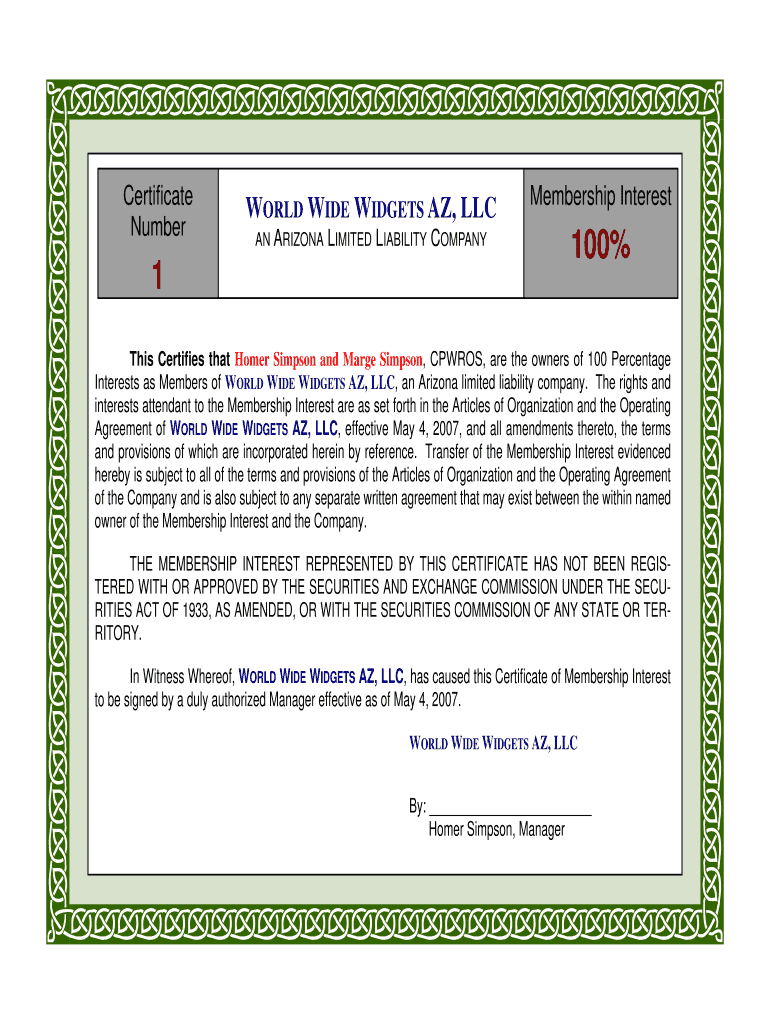 Llc Membership Certificate Word – Fill Online, Printable Inside Llc Membership Certificate Template