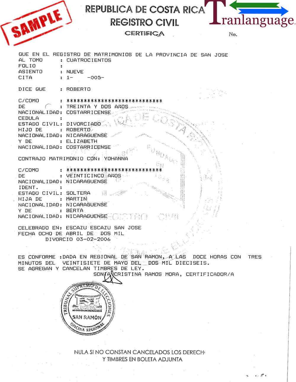 Marriage Certificate Costa Rica For Marriage Certificate Translation Template