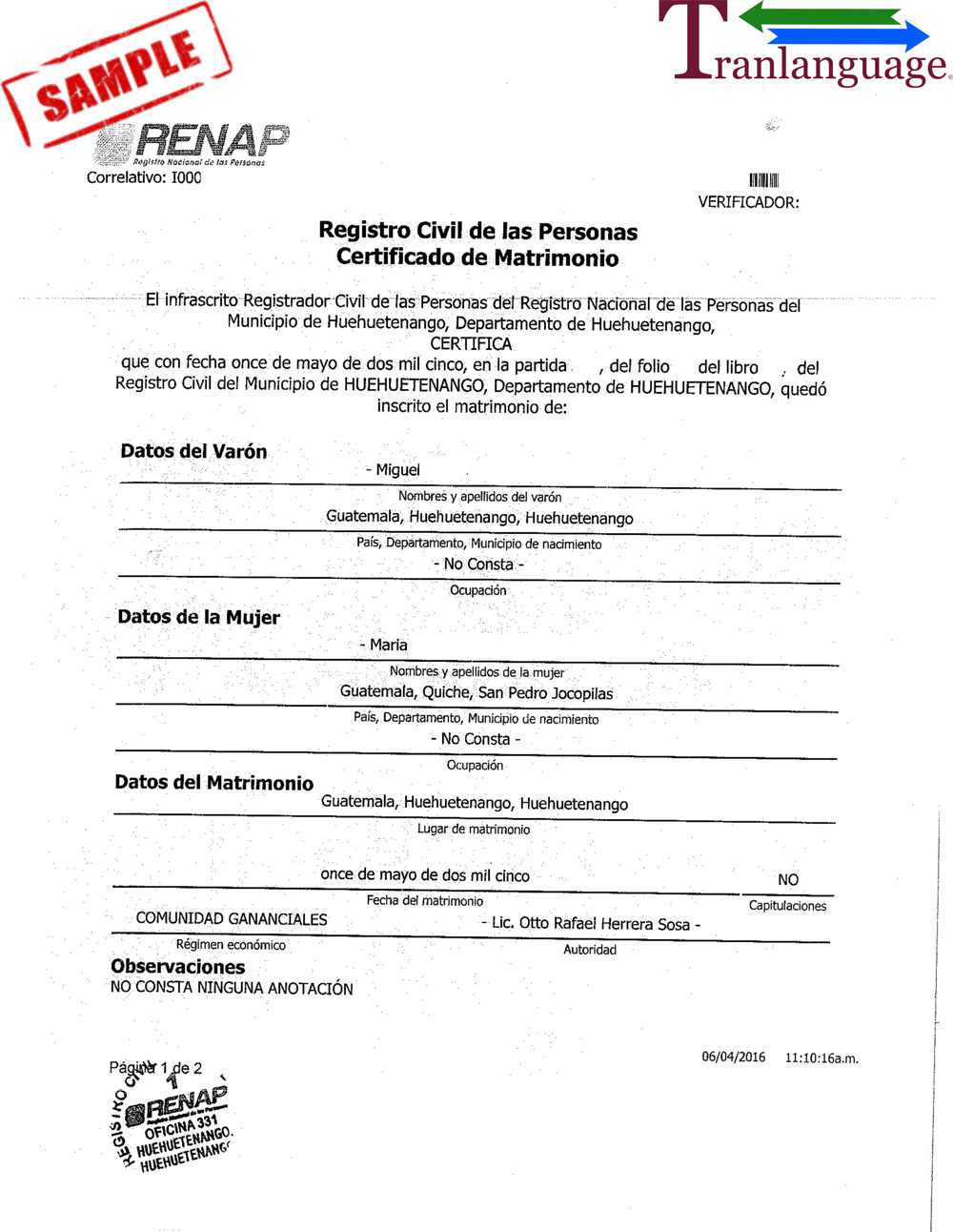 Marriage Certificate Guatemala Pertaining To Spanish To English Birth Certificate Translation Template