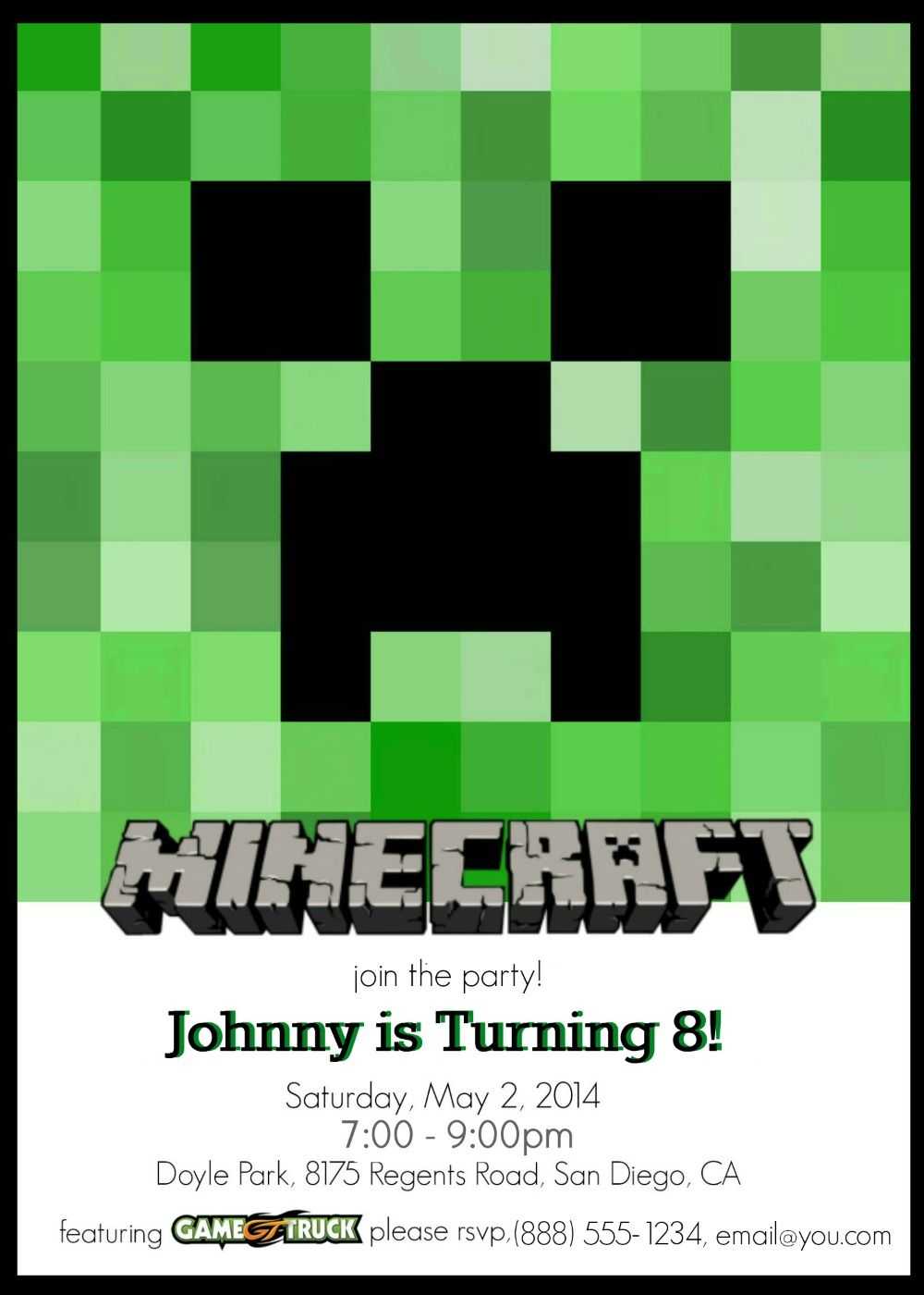 Minecraft Birthday Invitations Free Templates Regarding Minecraft Birthday Card Template