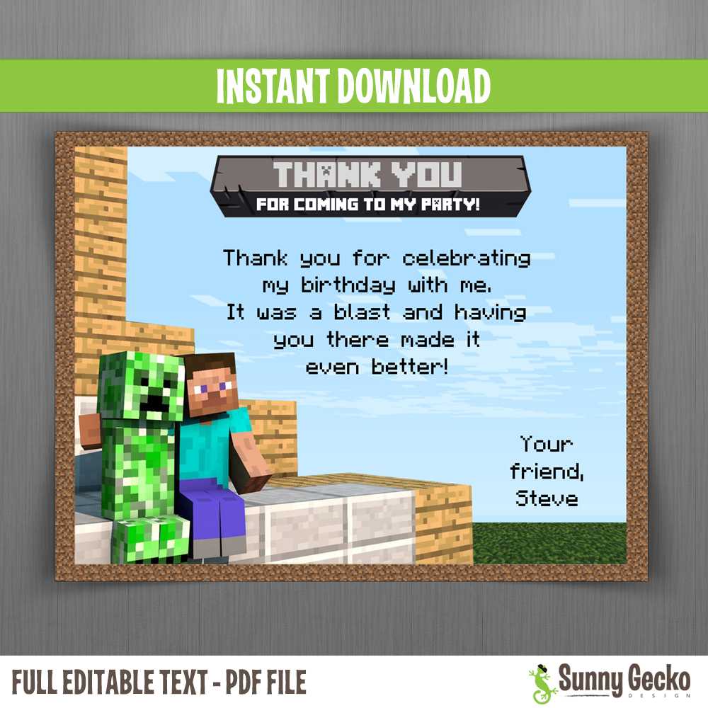 Minecraft Birthday Thank You Cards Pertaining To Minecraft Birthday Card Template