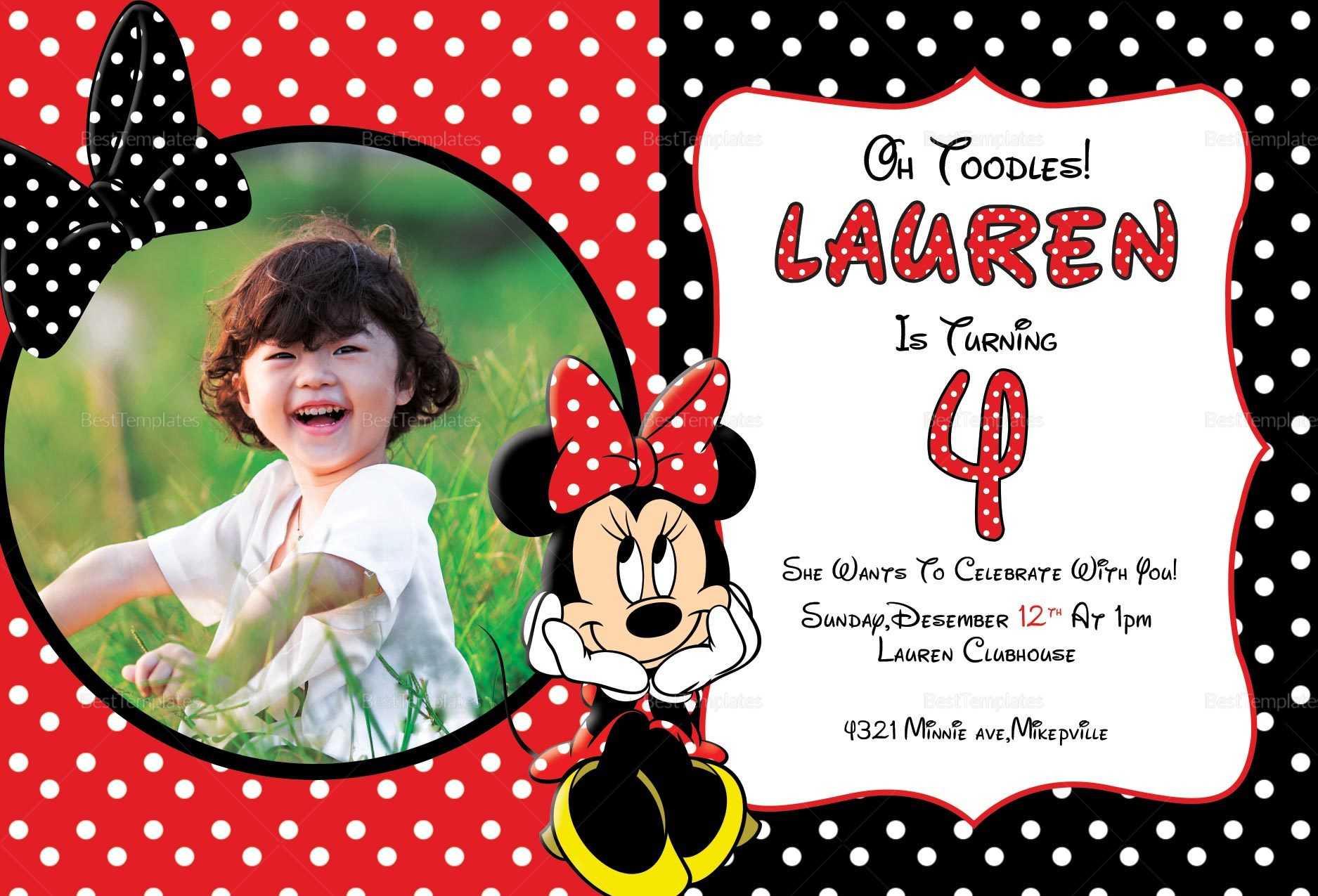 Minnie Mouse Photo Invitation Card Template With Regard To Minnie Mouse Card Templates